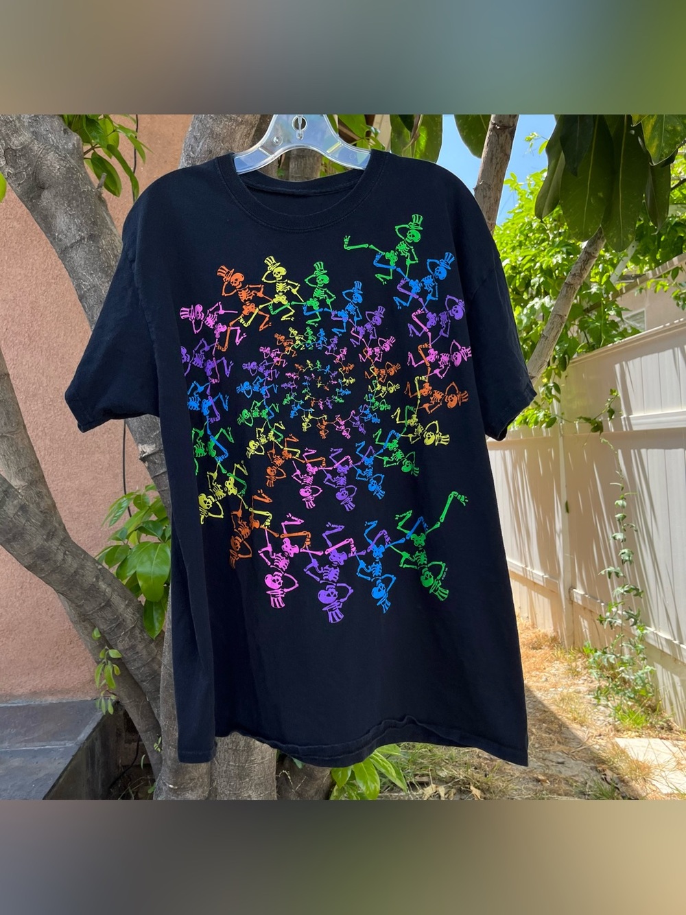 Grateful Dead Colorful Spiral Skeletons Graphic T-Shirt in Black .